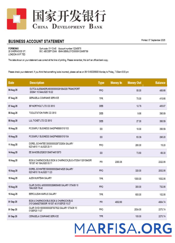 Blank Chinese Development bank account business statement Word and PDF format template